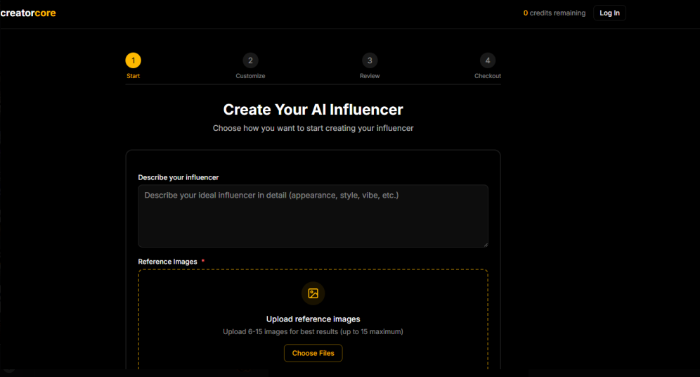 Describe Your Dream Influencer - Creator Core AI Interface Screenshot