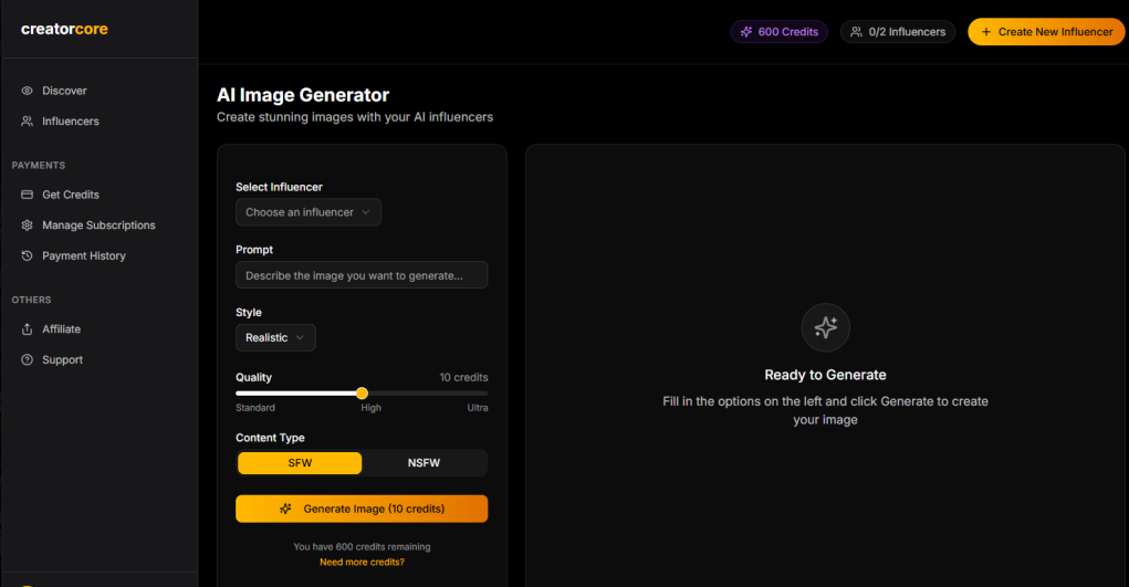Generate Stunning Content - Creator Core AI Interface Screenshot
